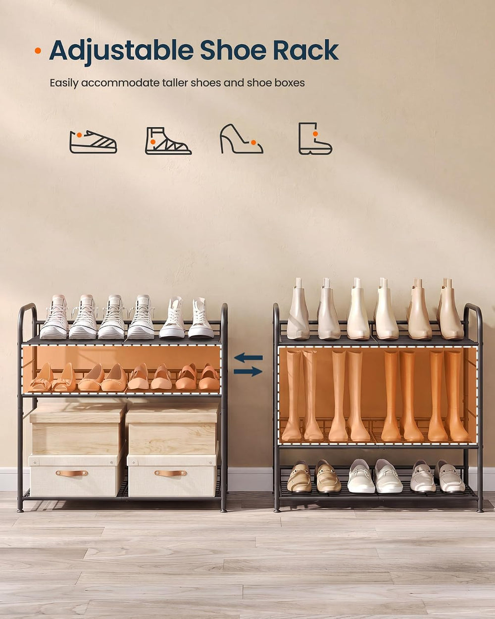 SONGMICS HOME 4-Tier Stackable Shoe Rack, Metal Shoe Storage Organizer, Holds...