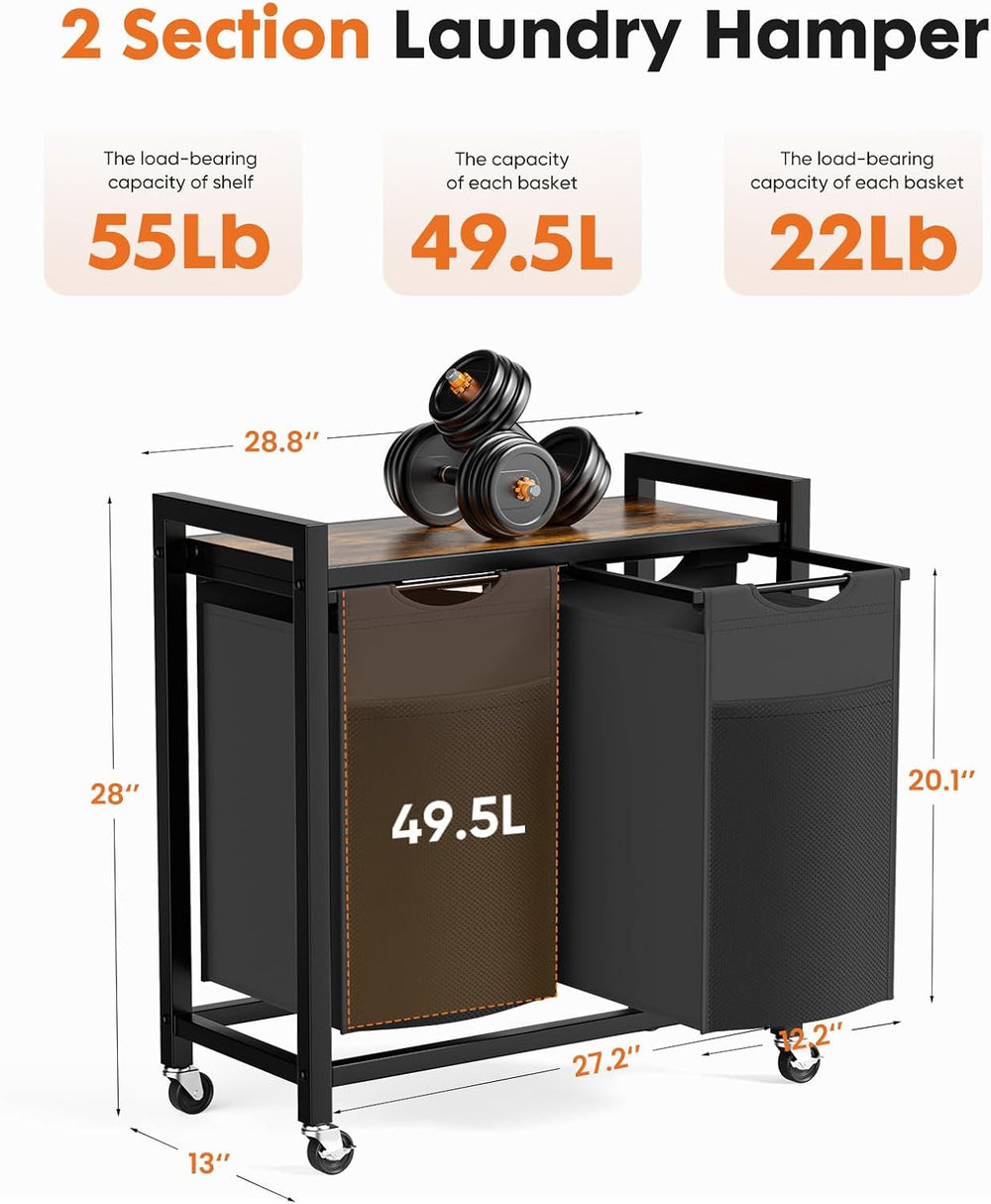 DUMOS Laundry Hamper with 2 Pull-Out Removable Sorter Bags, Movable Wheels, F...