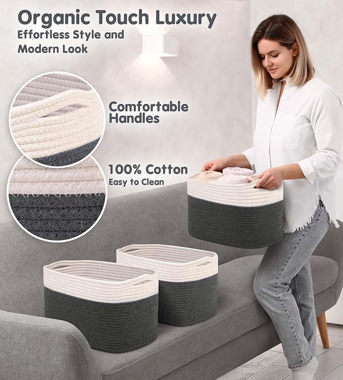 CHAT BLANC Cotton Rope Baskets for Organizing | Storage Baskets for Shelves |