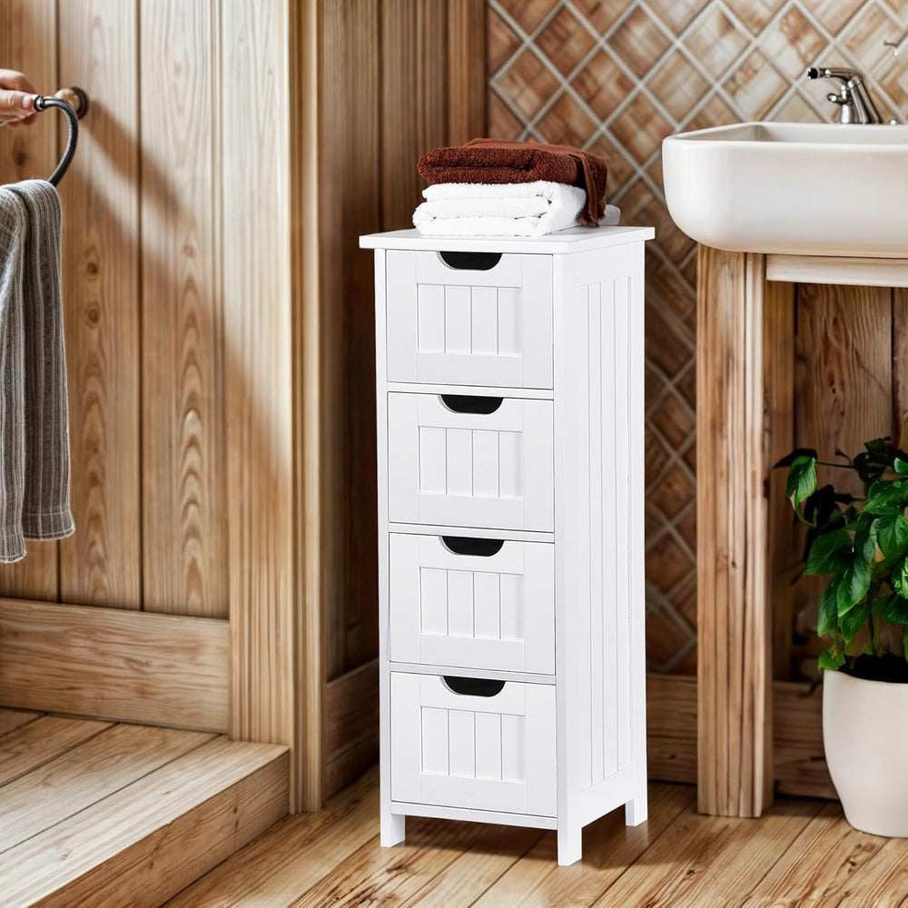 Bathroom Floor Storage Cabinet, Freestanding Wooden Side Organizer w/4 Drawer...