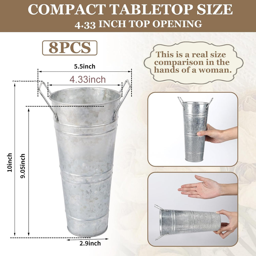 Small Galvanized Flower Buckets, 8 Pack, 10 in Tall, Silver