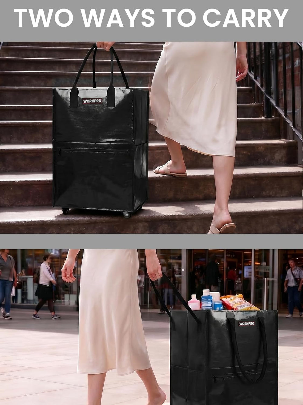 WORKPRO Medium Rolling Grocery Bag, 18-Gallon Shopping Tote with 4 Wheels