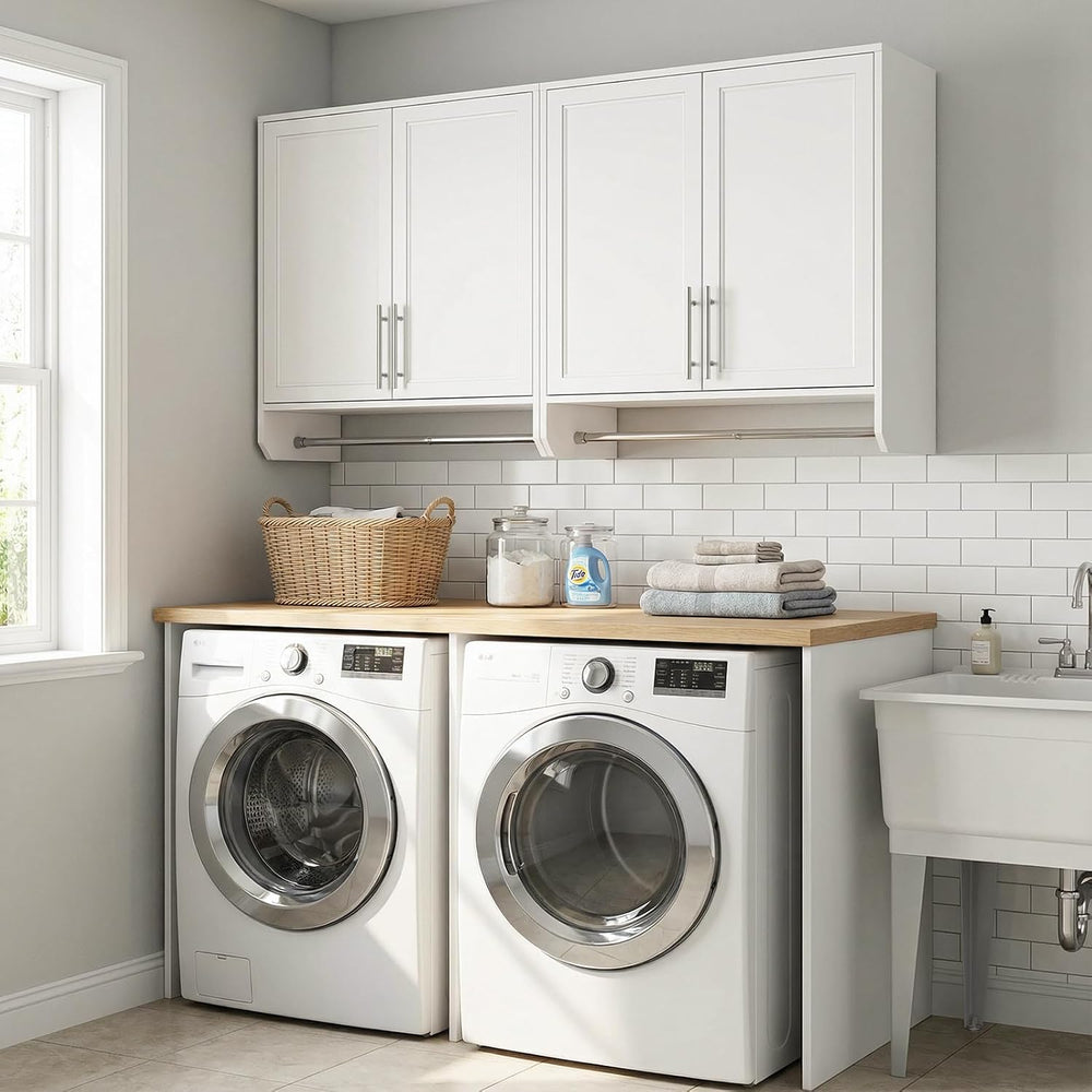 Furnaza 60" W Large Laundry Room Wall Mounted Cabinets with Hanging Rod