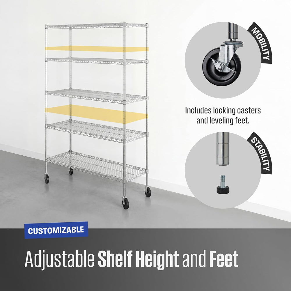 SafeRacks NSF 5-Tier Heavy Duty Wire Shelving Unit w/Wheels, 18"x48"...