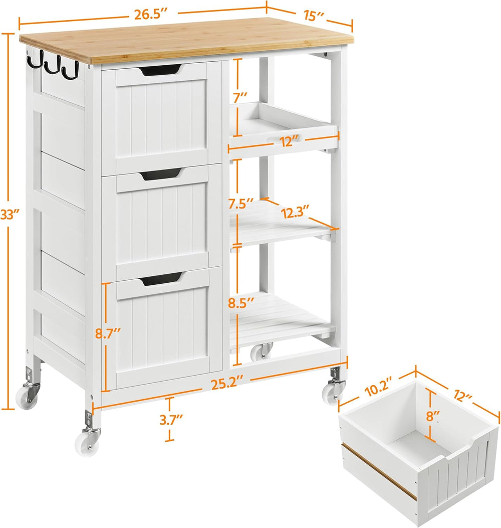 Yaheetech Kitchen Island Cart on Wheels with 3 Drawers and 3 Shelves, White