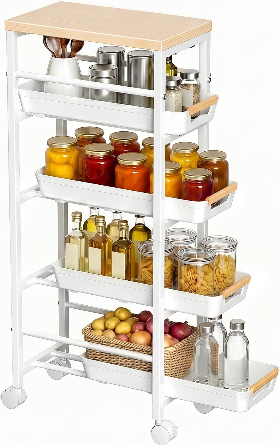 Pipishell Slim Storage Cart, Wooden Top Narrow Kitchen Storage Cart, White