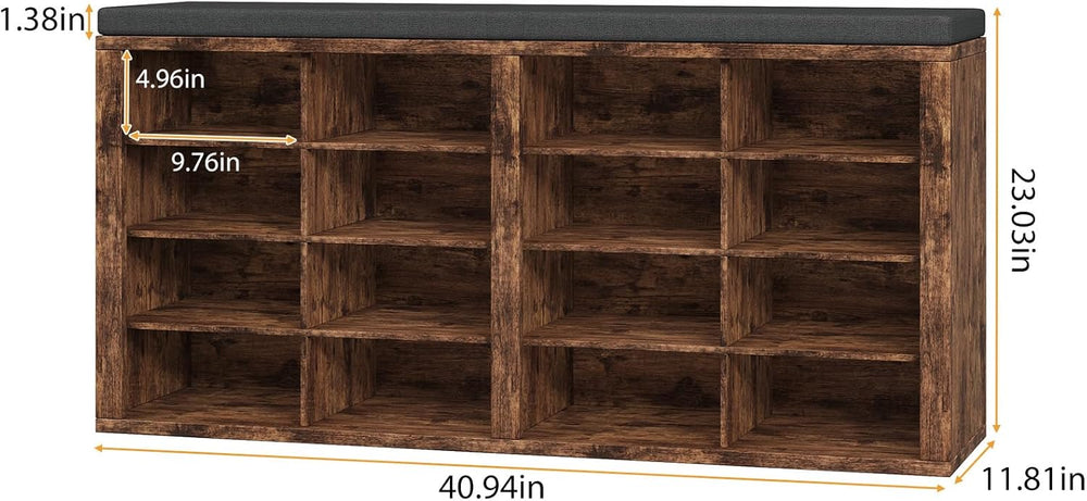 Shoe Rack Bench, Shoe Storage Bench with Cushion, Shoe Organizer 16 Cubbies f...