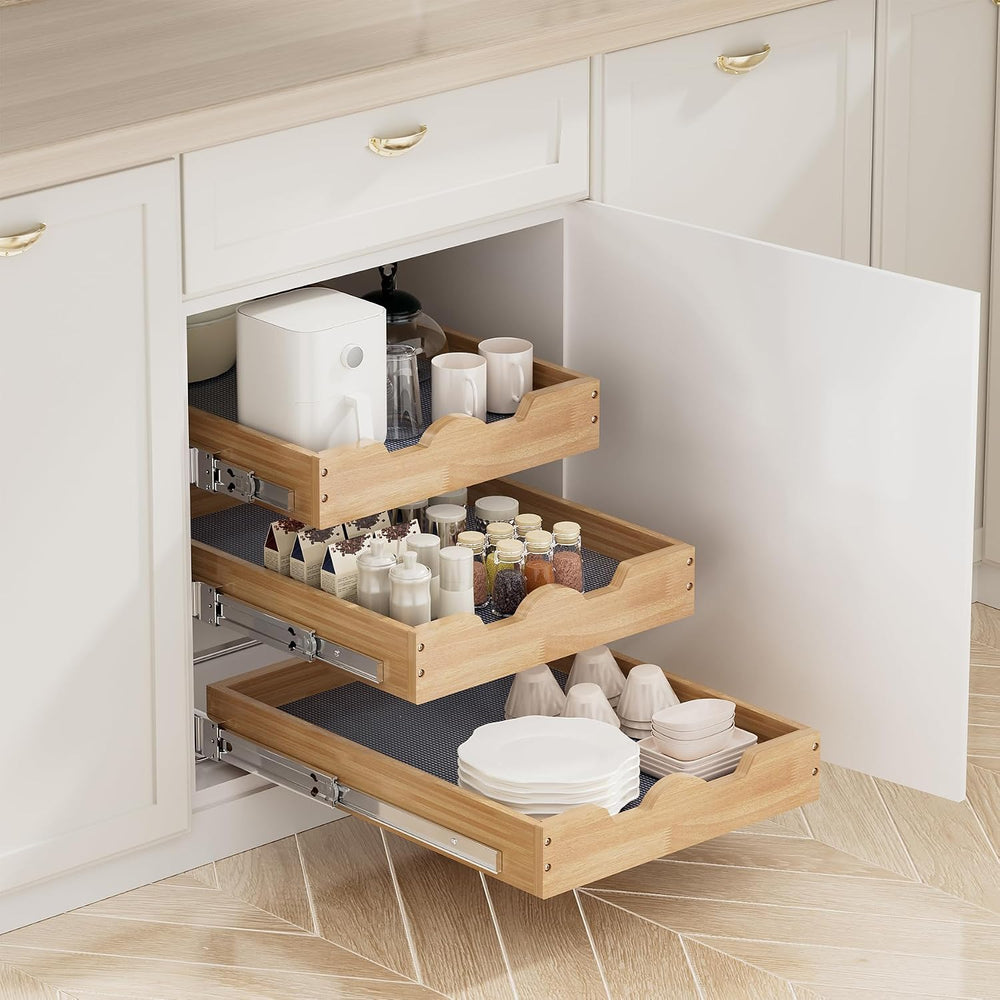 DINDON 3 Tier Pull Out Cabinet Organizer 14”W X21”D Slide Out Shelves With Sh...