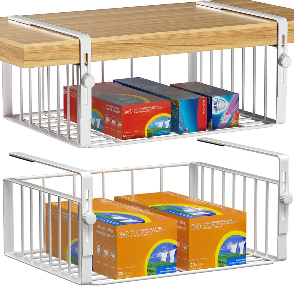 AmonHouseware 2Pack Under Shelf Basket Storage,Adjustable Hanging,White