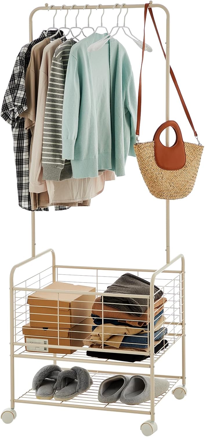 Laundry Cart with Hanging Clothes Rack, Rolling Laundry Cart with Storage Bas...