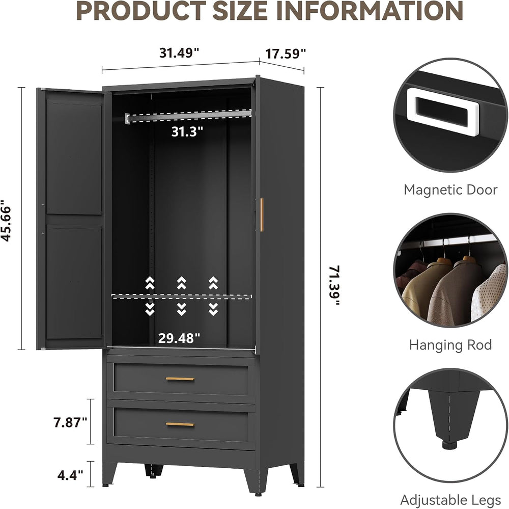 Metal Wardrobe Cabinet with Hanging Rod,71" Armoire Wardrobe Closet with...
