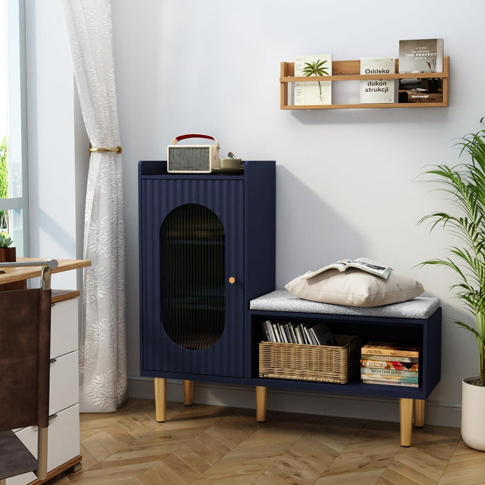 HLR Shoe Storage Bench with Glass Door&Shelf, L-Shaped Shoe Cabinet, Blue