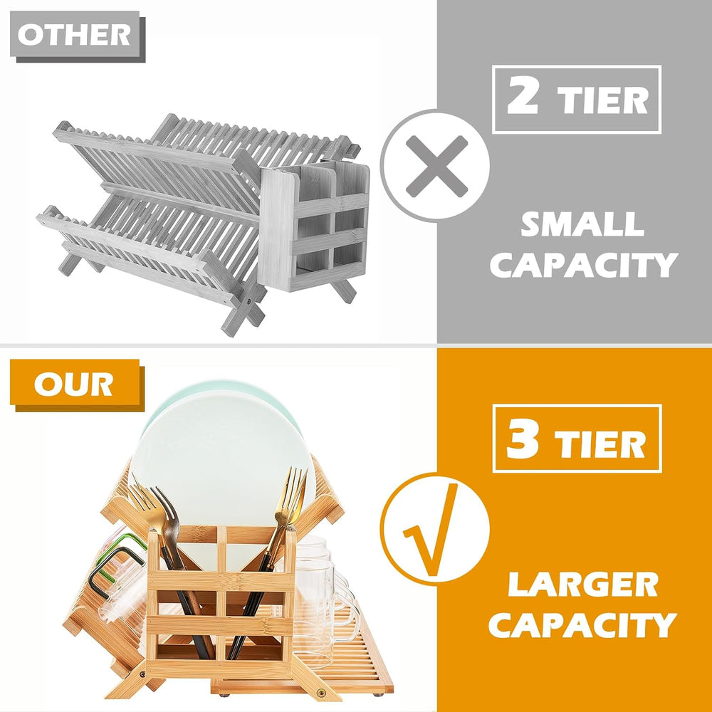 Bamboo Dish Drying Rack, 3 Tier Collapsible Wooden Dish Drainer Rack with Ute...