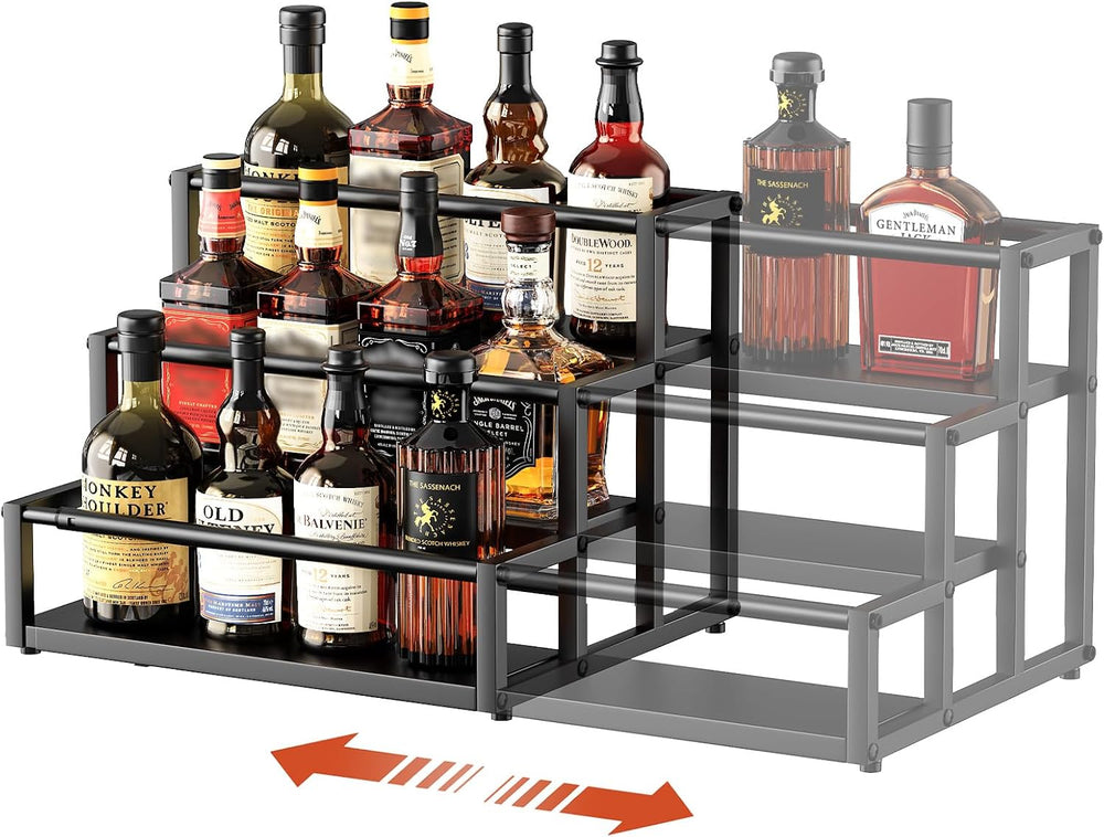 Nuovoware Expandable Liquor Bottle Display Shelf, 3-Tier, Black