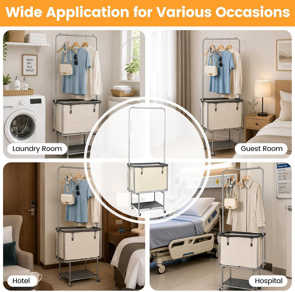 Rolling Laundry Cart 110L With Hanging Bar & Storage Shelf, Beige