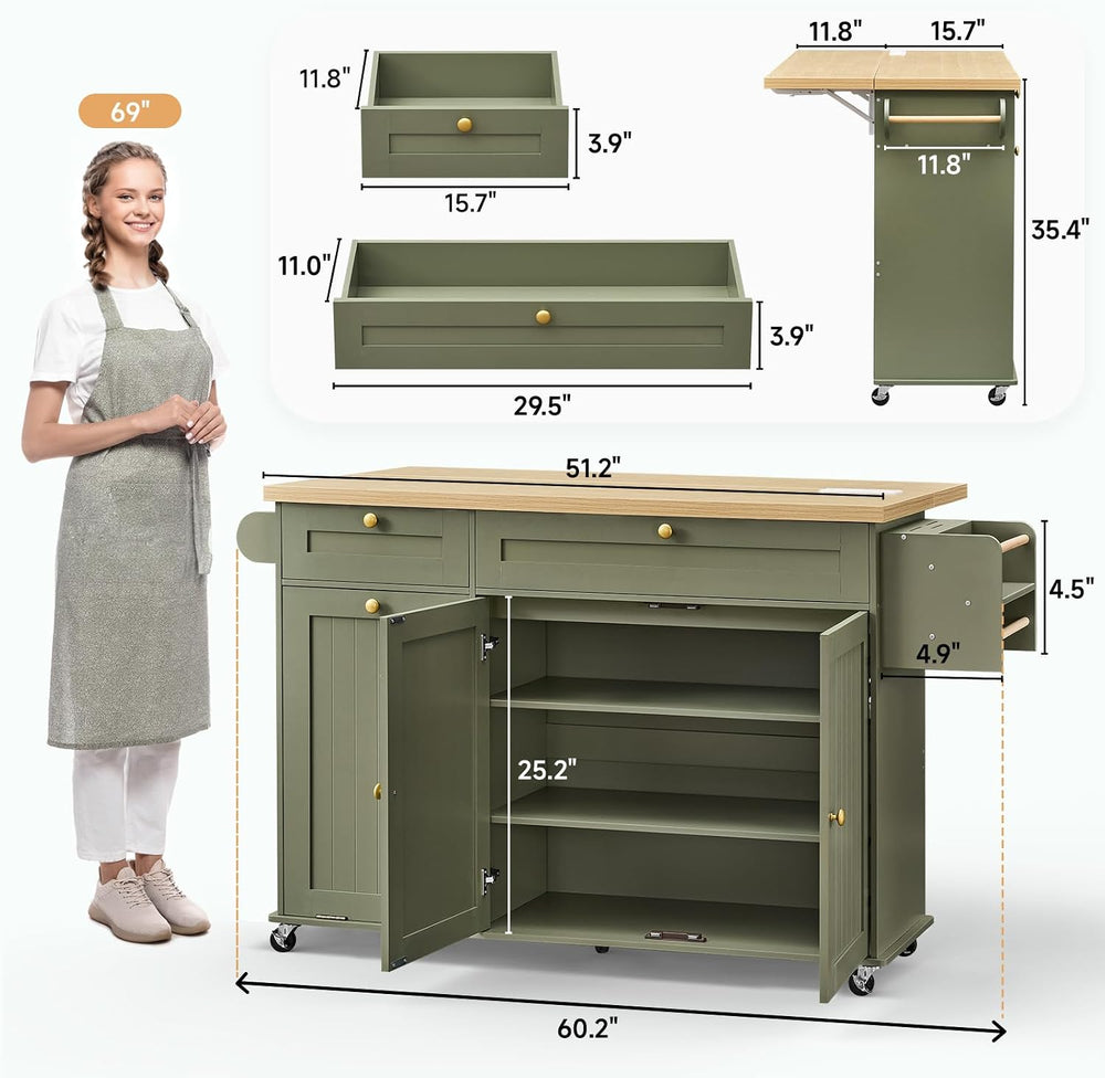 60" Kitchen Island with Drop Leaf & Trash Can Storage, Green+Brown
