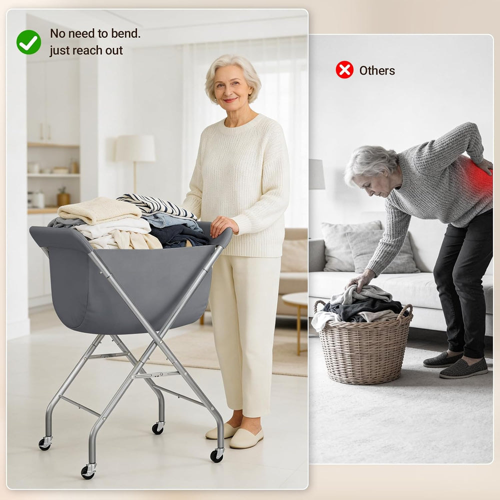 Laundry Basket with Wheels, Collapsible Laundry Hamper, Gray