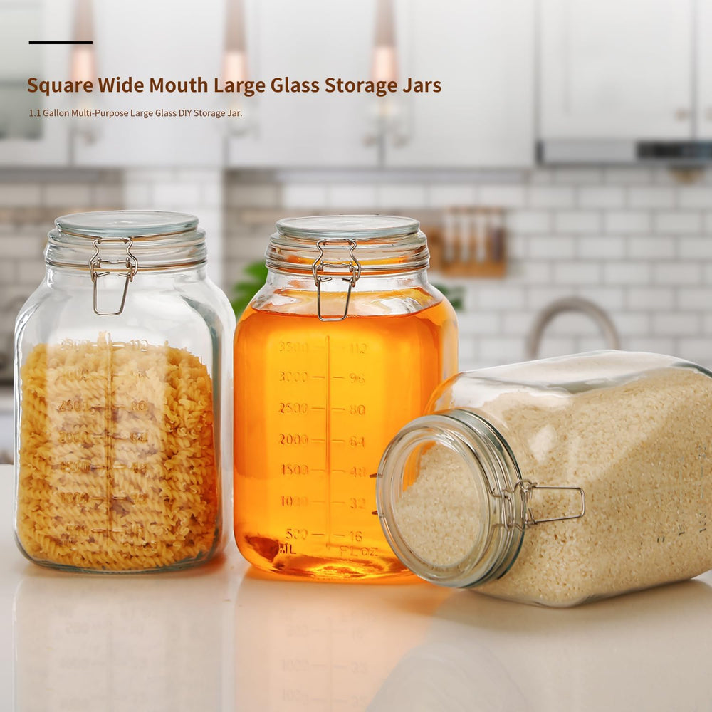 1.1 Gallon Large Glass Food Storage Jars with Airtight Lids,Set of 2 Square W...
