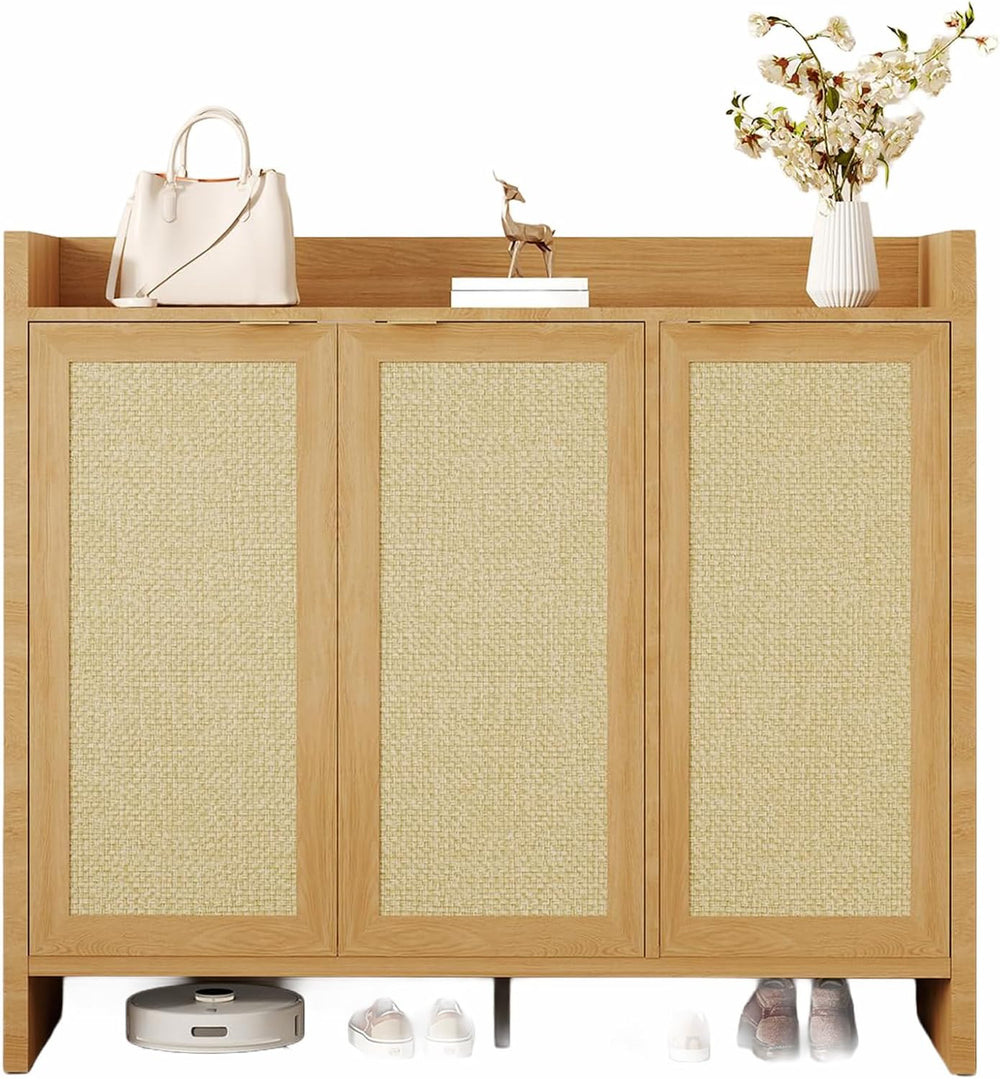 3 Door Rattan Shoe Cabinet for Entryway, Freestanding Wooden Shoe Rack with A...
