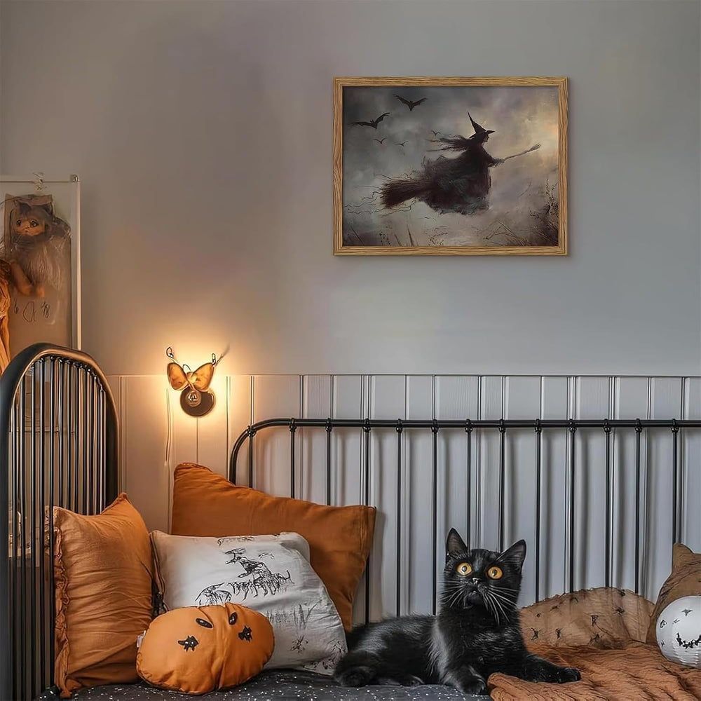 Moody Halloween Framed Wall Art Vintage Horror Flying Witch Prints 16x24 In