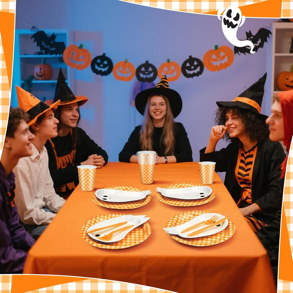 Yungyan 144 Pcs Halloween Paper Plates and Cups Ghost Plates Boo Napkins