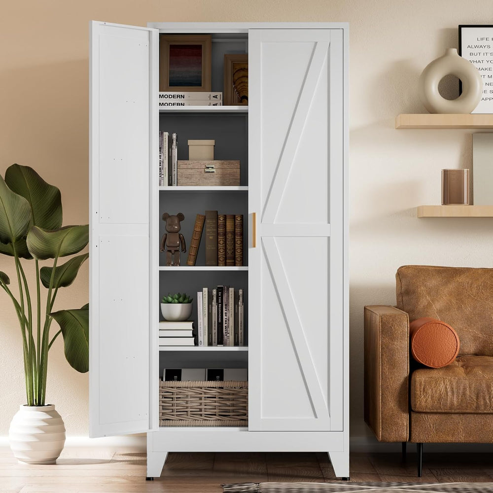 COFaR 5 Tier Metal Farmhouse Storage cabinets with Doors and Shelves, White