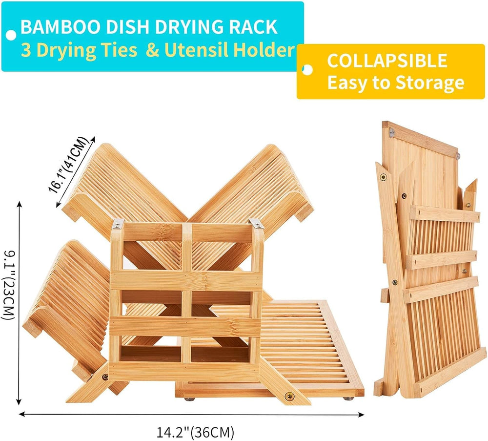 Bamboo Dish Drying Rack, 3 Tier Collapsible Wooden Dish Drainer Rack with Ute...