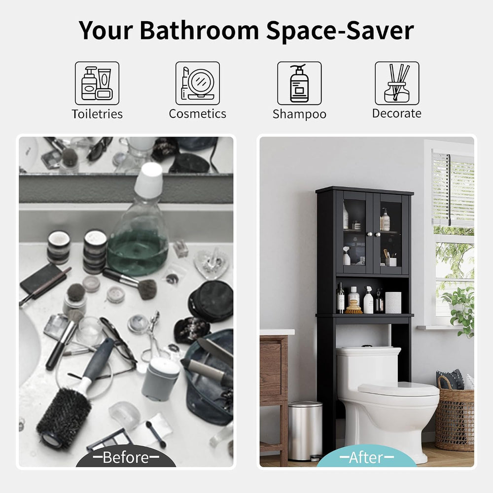 Shintenchi Over the Toilet Storage Cabinet, Bathroom Glass Door Black