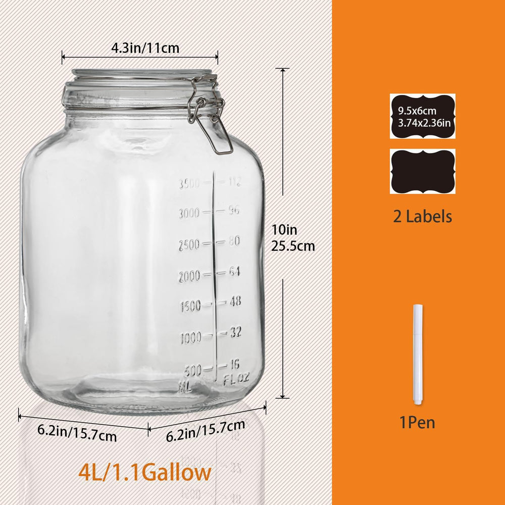 1.1 Gallon Large Glass Food Storage Jars with Airtight Lids,Set of 2 Square W...