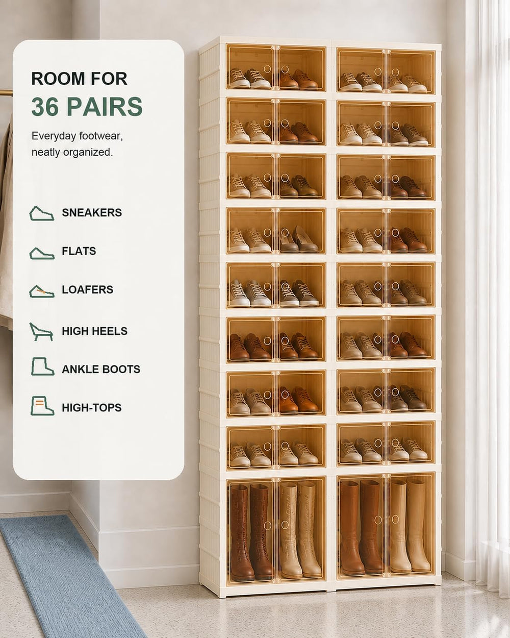 Extra Wide Foldable Shoe Rack with Clear Doors, 9-Tier Shoe Organizer