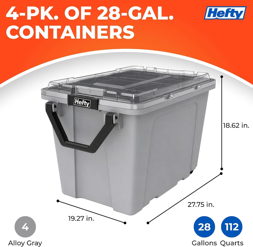 Hefty MAX Pro 28 Gal Storage Bins with Clear Lids, Stackable, 4 Pack, Grey