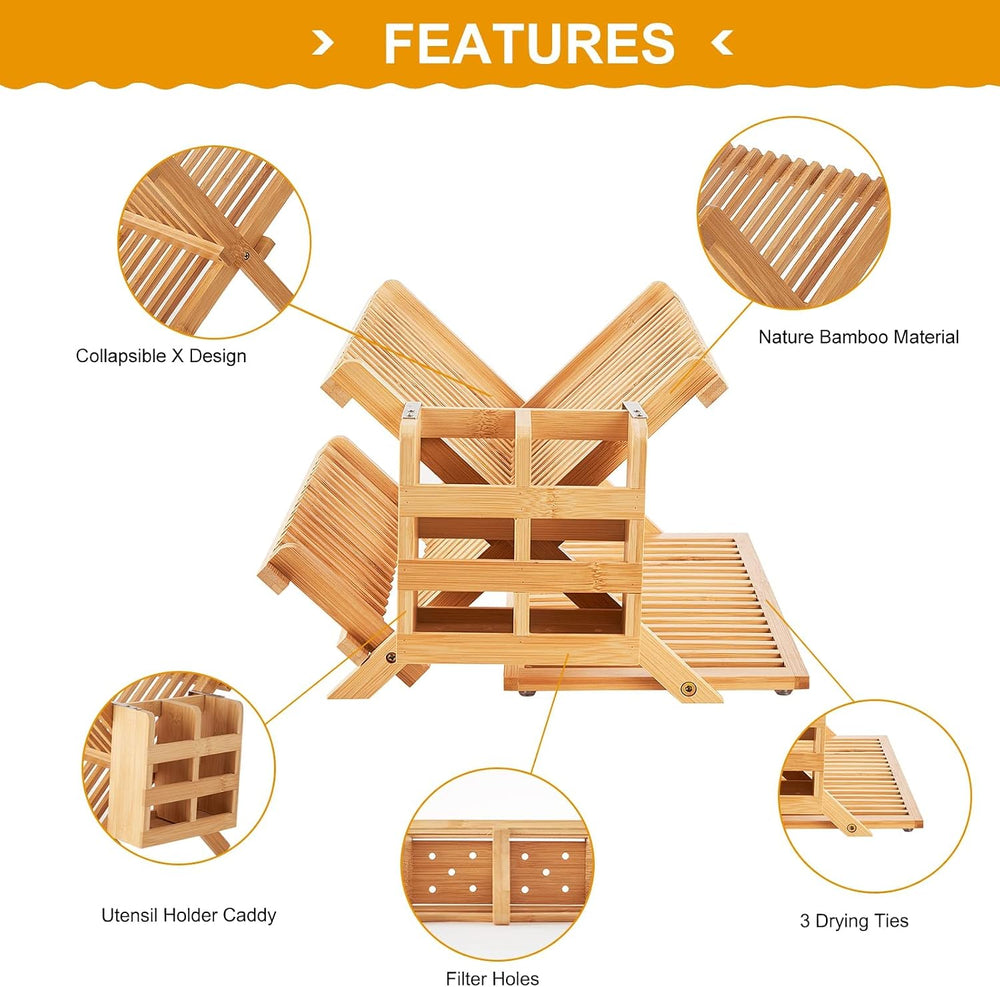 Bamboo Dish Drying Rack, 3 Tier Collapsible Wooden Dish Drainer Rack with Ute...