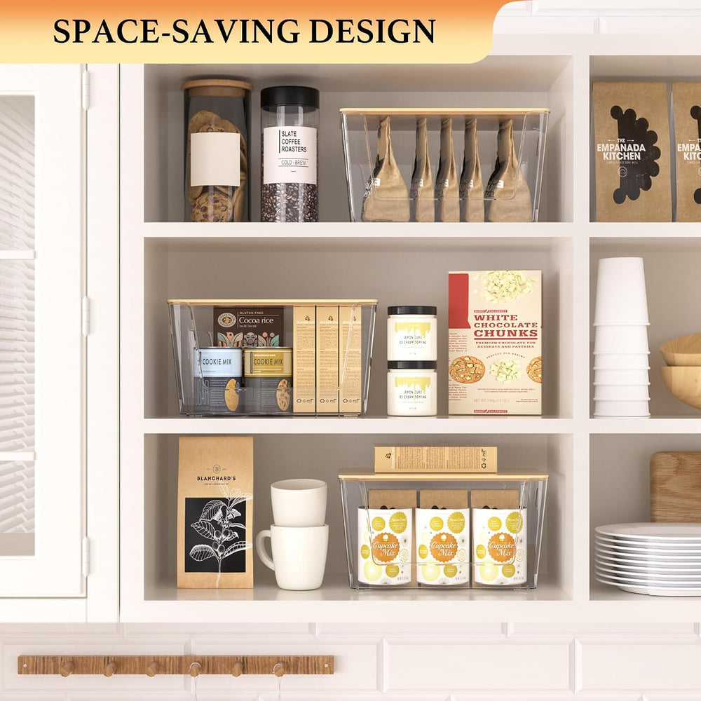6 Pack Clear Stackable Storage Bins with Bamboo Lids, Trash Bag Holder Dispen...