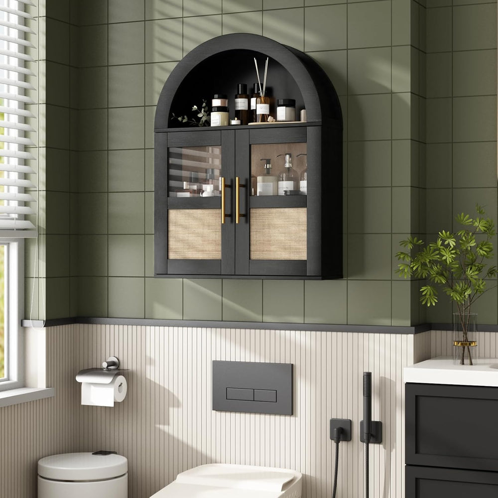 RUSTOWN Arched Bathroom Wall Cabinet with 2 Glass & Rattan Doors
