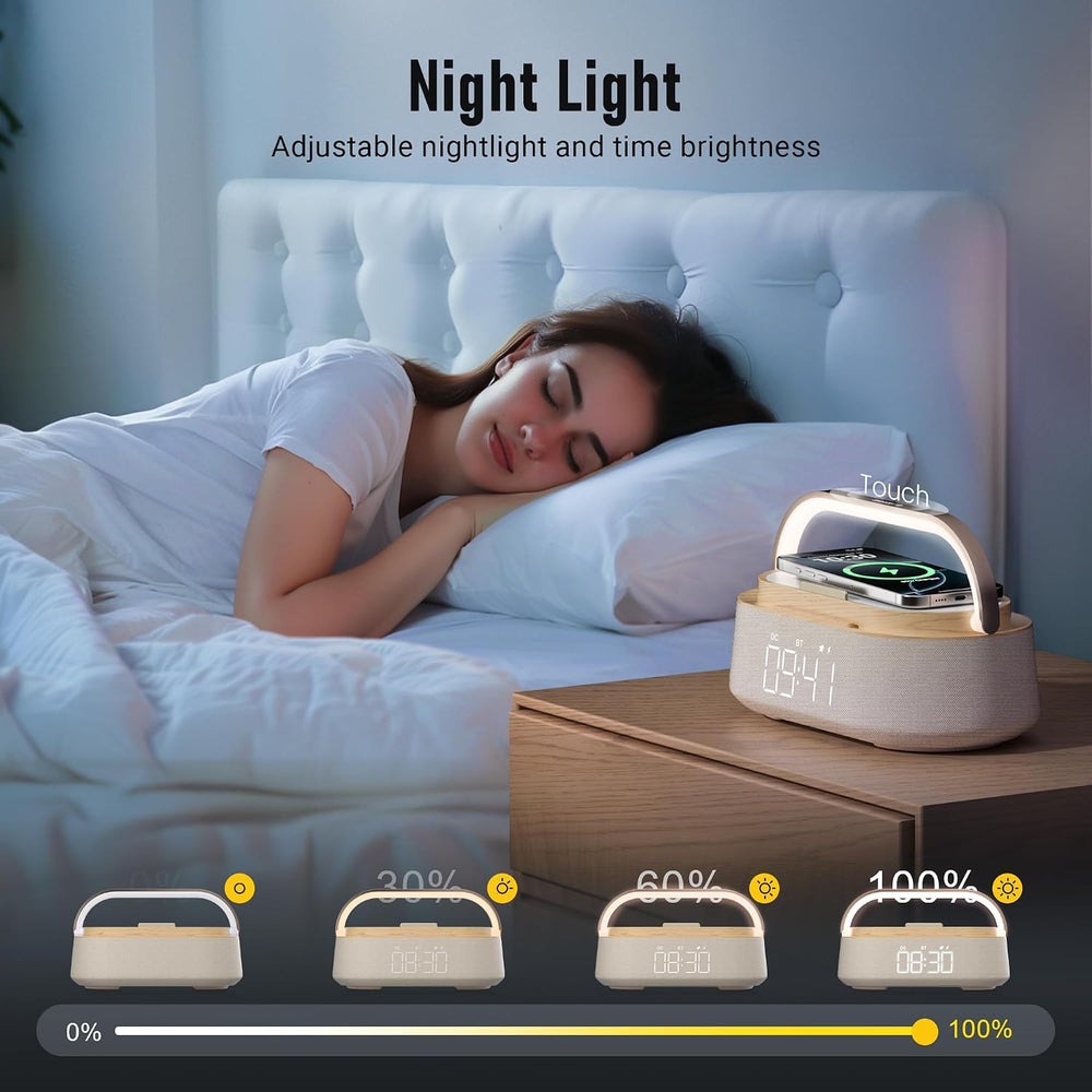 Alarm Clock Bedroom with Wireless Charger Bluetooth Speaker FM Radio Light