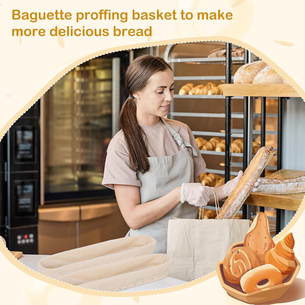Vesici 15 Inches Baguette Banneton Proofing Basket 6 Pack with Linen Liner Ba...