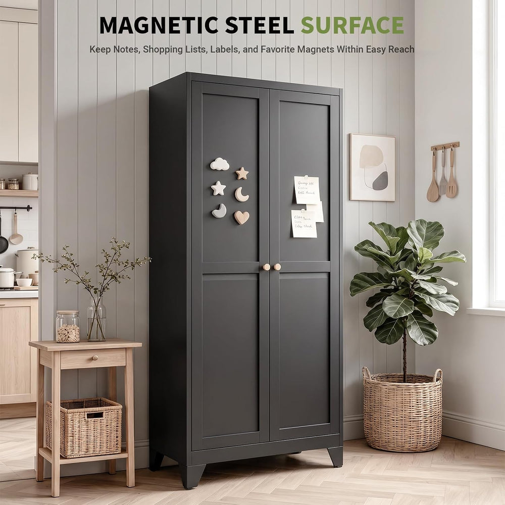 75" Metal Kitchen Pantry Cabinet with 5 Adjustable Shelves & Doors