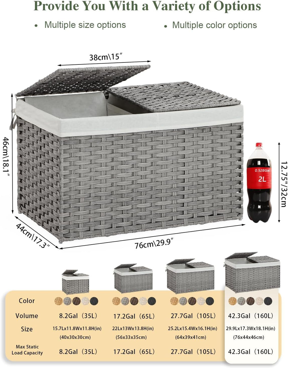 Storage Basket with Lid Wicker Baskets for Storage, 160L Gray