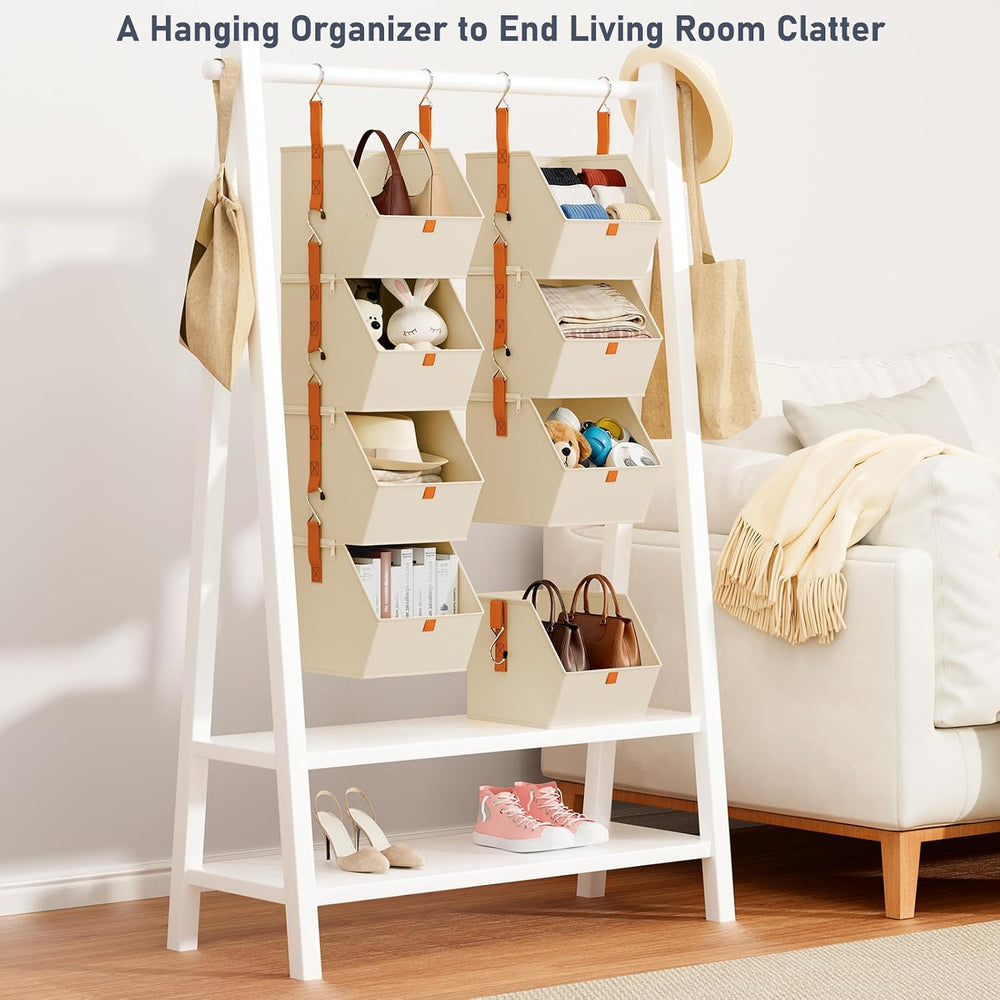 DIMJ Hanging Closet Organizer - 4 Tier Collapsible Hanging Shelves with Hooks...
