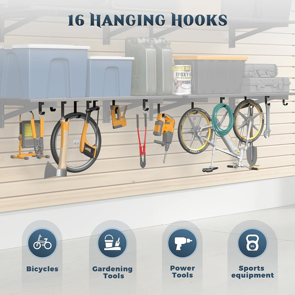 Jusgym 4 Pack Garage Shelving Wall Mounted with 16 Hooks, 1.5x4ft, 1000lbs