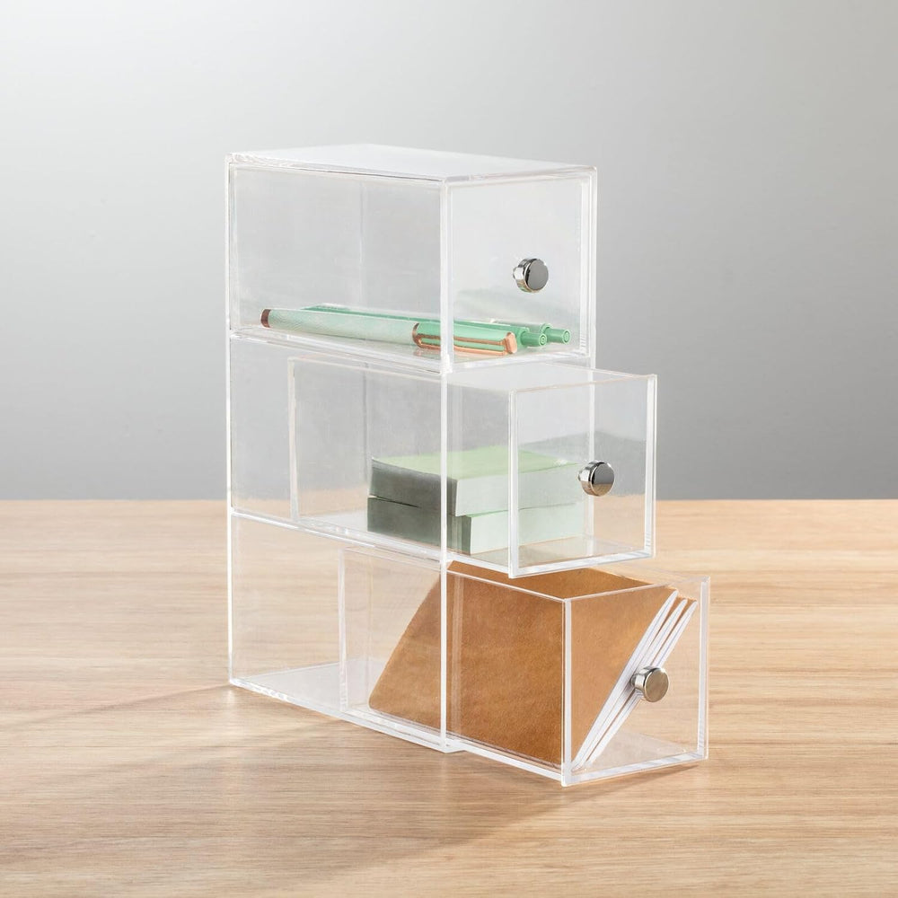 mDesign Plastic Stackable Desktop Organizer Tower Storage Station with 3 Draw...