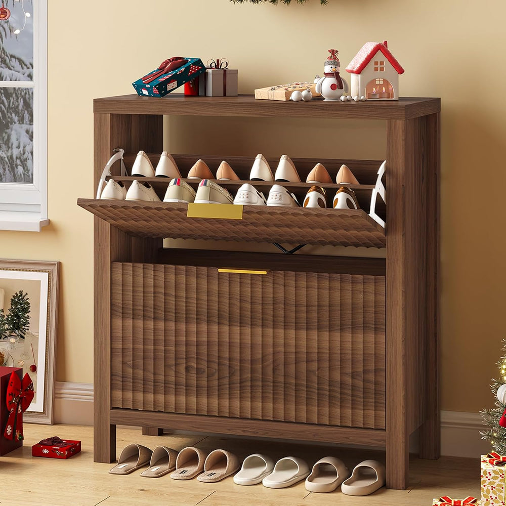 Fluted Shoe Cabinet Storage with 2 Flip Drawers for Entryway, Hallway