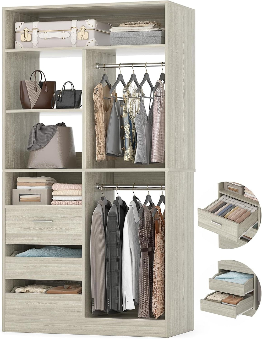 36 Inches Modular Closet Drawers System, 3FT Wood Closet Organiser with Close...