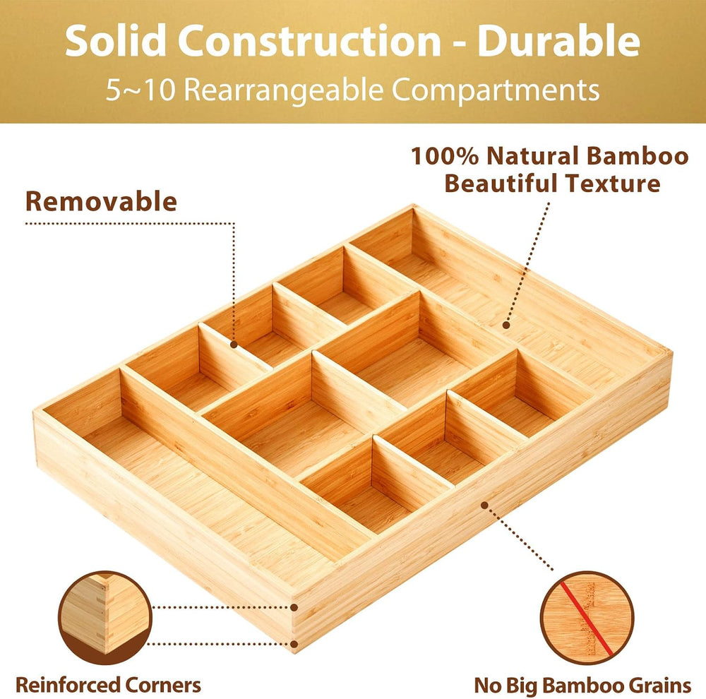 Extra Large Bamboo Desk Drawer Organizer, Wood Junk Organizer Tray with Adjus...