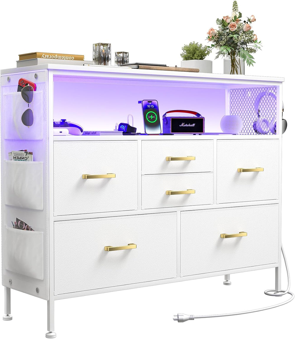 6 Drawer Chest with LED and Power, 45" TV Stand for Bedroom