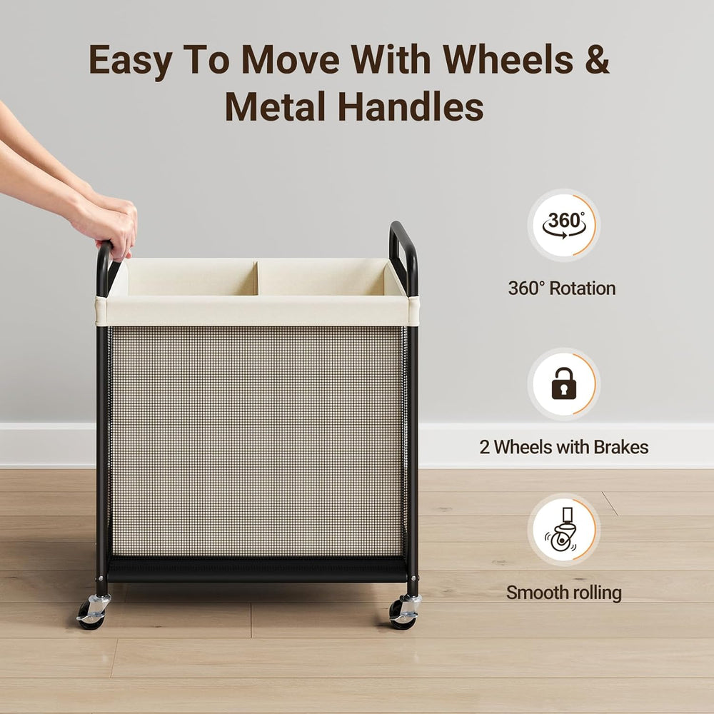 ELYKEN Laundry Hamper 2 Section, 100L Rolling Laundry Sorter with Wheels