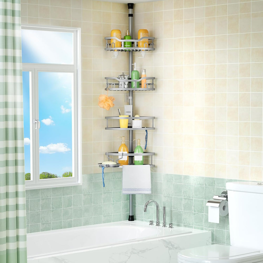 HAMITOR Corner Shower Caddy Tension Pole: Rustproof Stable 4-Tier Bathroom Or...