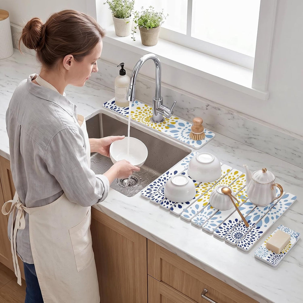 Large Stone Dish Drying Mat Set for Kitchen Counter Blue Mandala