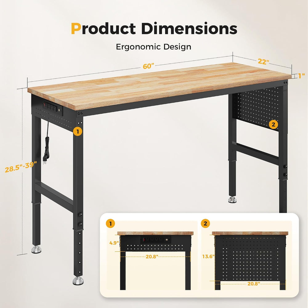 CAMMOO 60" Adjustable Workbench, 2000LBS Max Load, Pegboard & Power ...