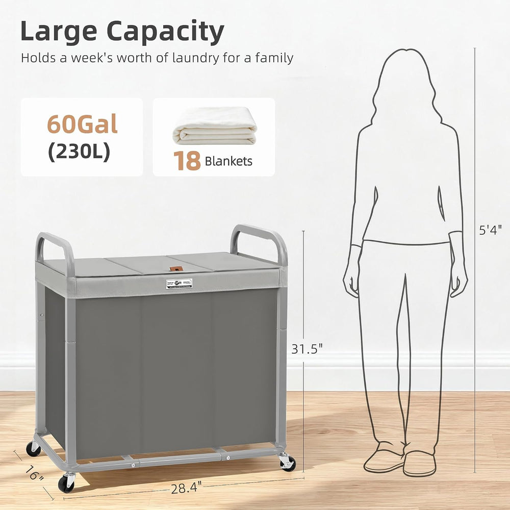 STORAGE MANIAC Laundry Hamper 3 Section with Lid Rolling Laundry Basket